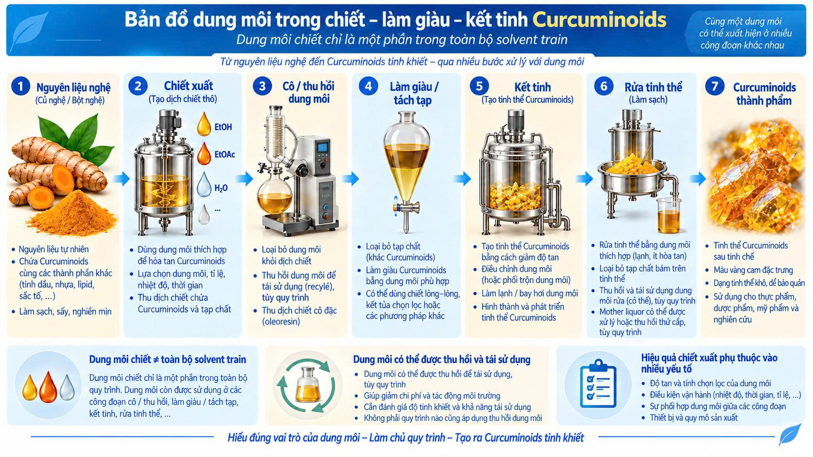 Bản đồ dung môi trong sản xuất Curcuminoids từ nghệ qua các bước chiết xuất, cô dung môi, làm giàu, kết tinh, rửa tinh thể và thành phẩm.