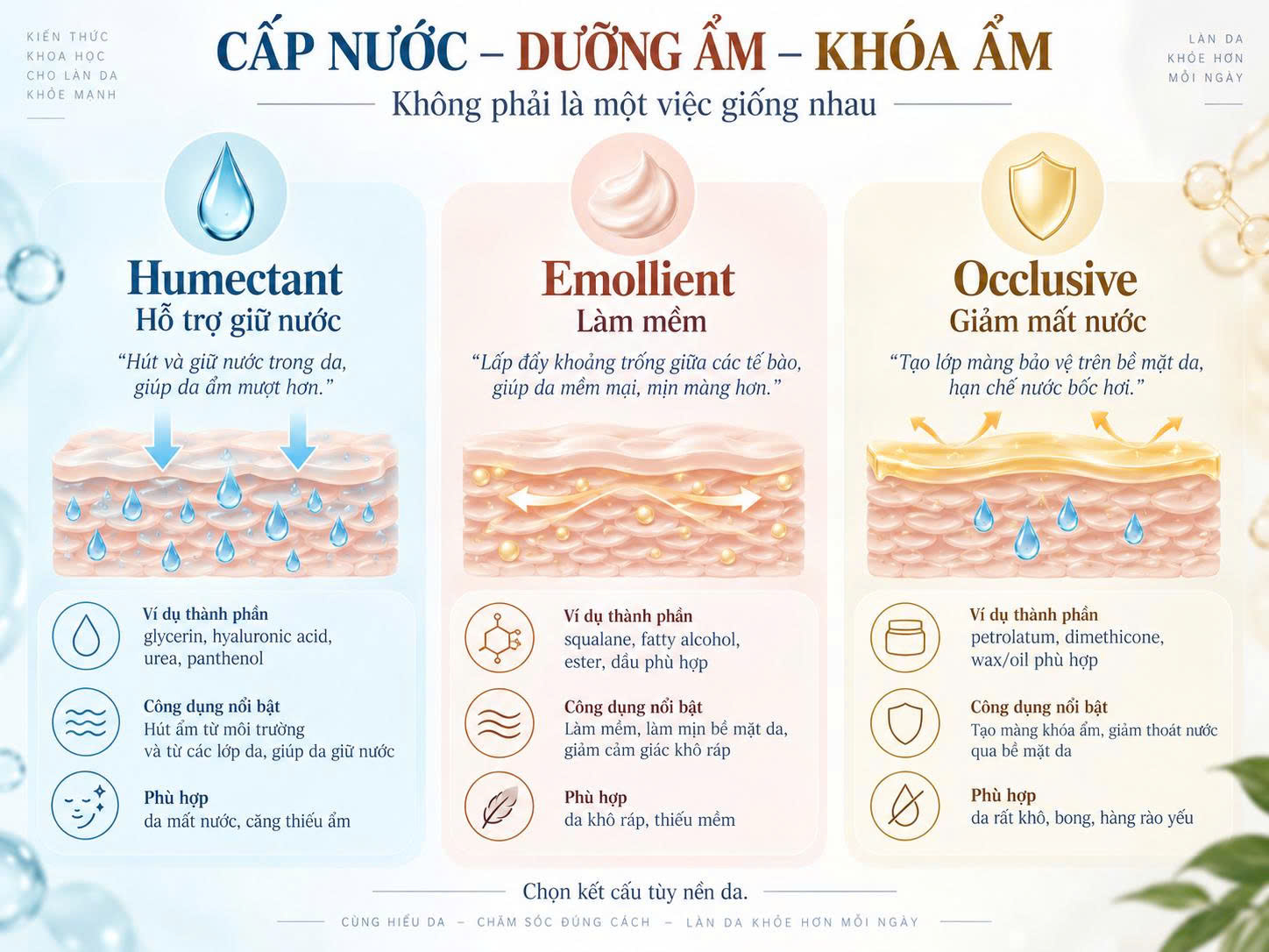 Infographic cấp nước dưỡng ẩm khóa ẩm khác nhau thế nào, giải thích humectant giữ nước, emollient làm mềm và occlusive giảm mất nước qua da