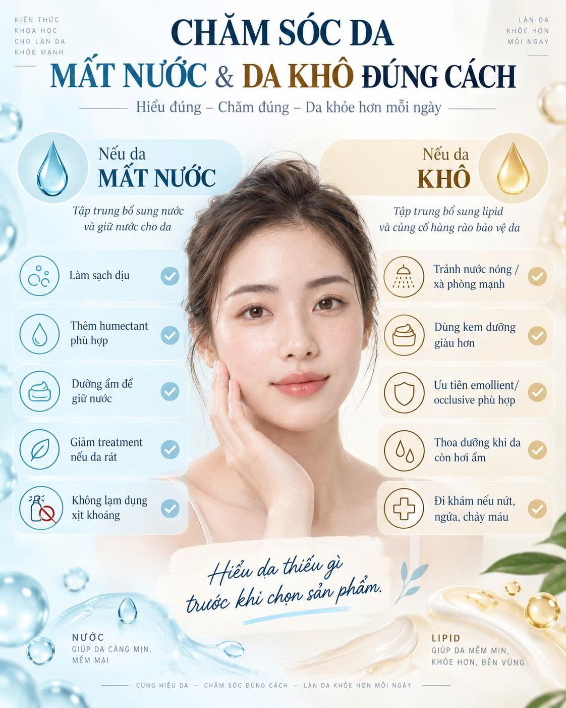 Checklist chăm sóc da mất nước và da khô đúng cách, gồm làm sạch dịu, thêm humectant, dưỡng ẩm giữ nước, tránh nước nóng, dùng kem dưỡng giàu hơn và đi khám khi nứt ngứa chảy máu