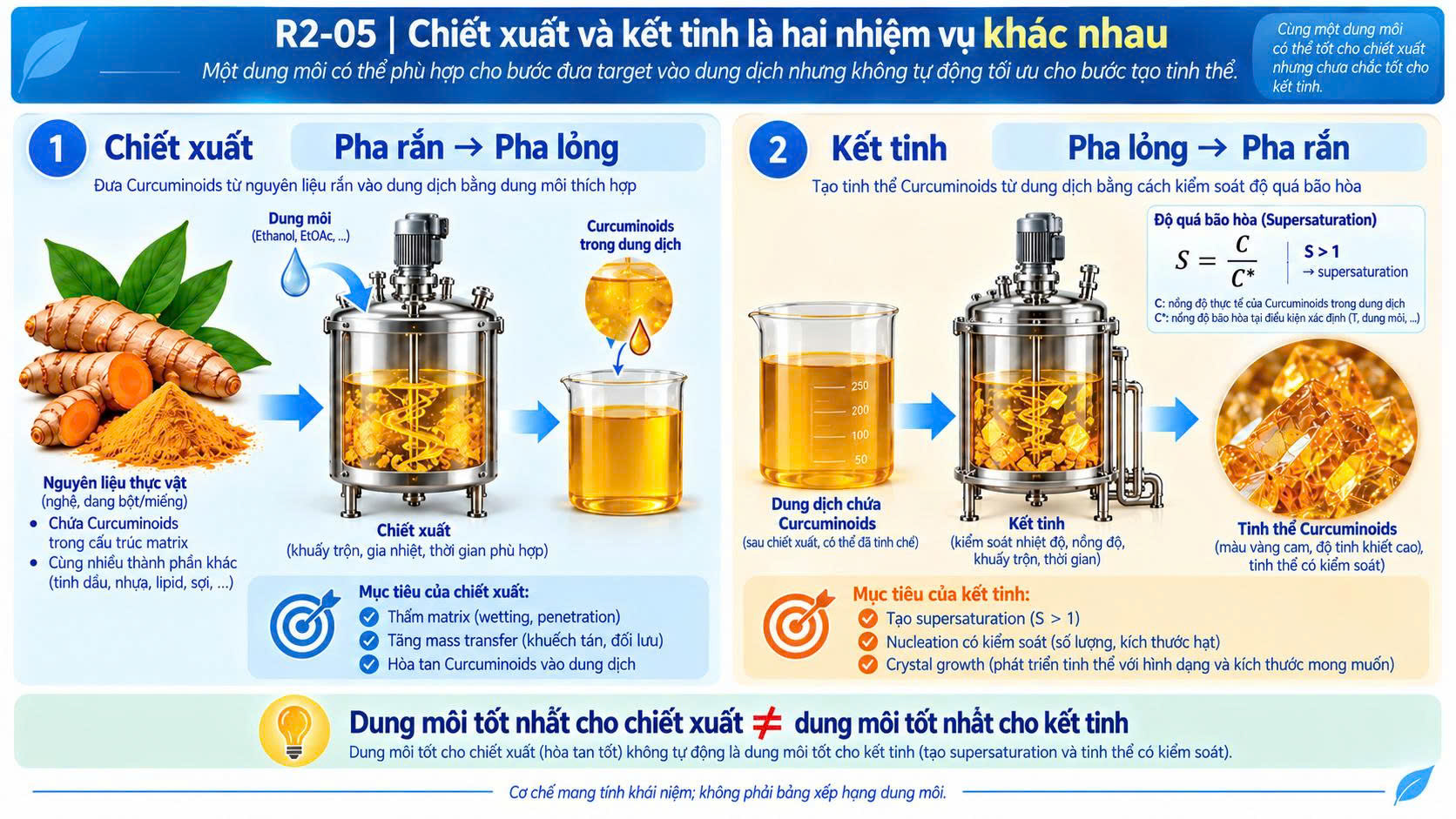 Sơ đồ đối chiếu extraction đưa Curcuminoids từ pha rắn sang pha lỏng và crystallization đưa Curcuminoids từ pha lỏng sang tinh thể có kiểm soát.