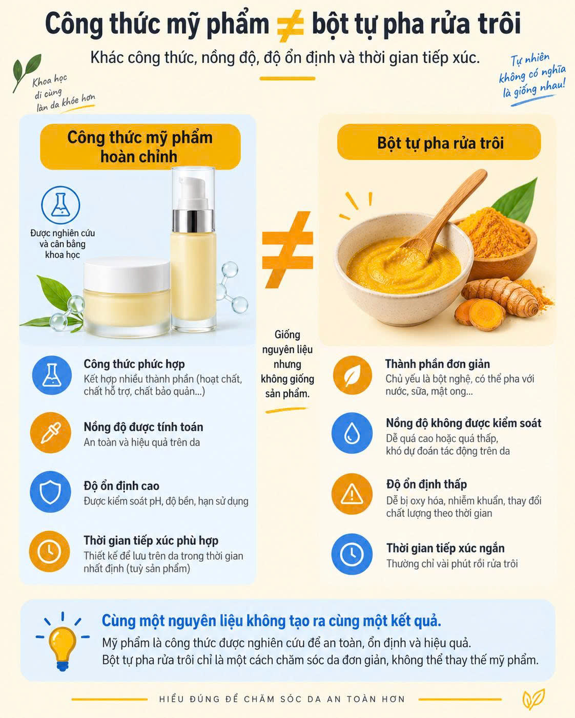 Công thức mỹ phẩm chứa nghệ không giống mặt nạ tinh bột nghệ tự pha rửa trôi