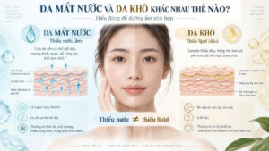 Da mất nước và da khô khác nhau thế nào, minh họa gương mặt chia hai vùng thiếu nước và thiếu lipid để giải thích cách dưỡng ẩm phù hợp