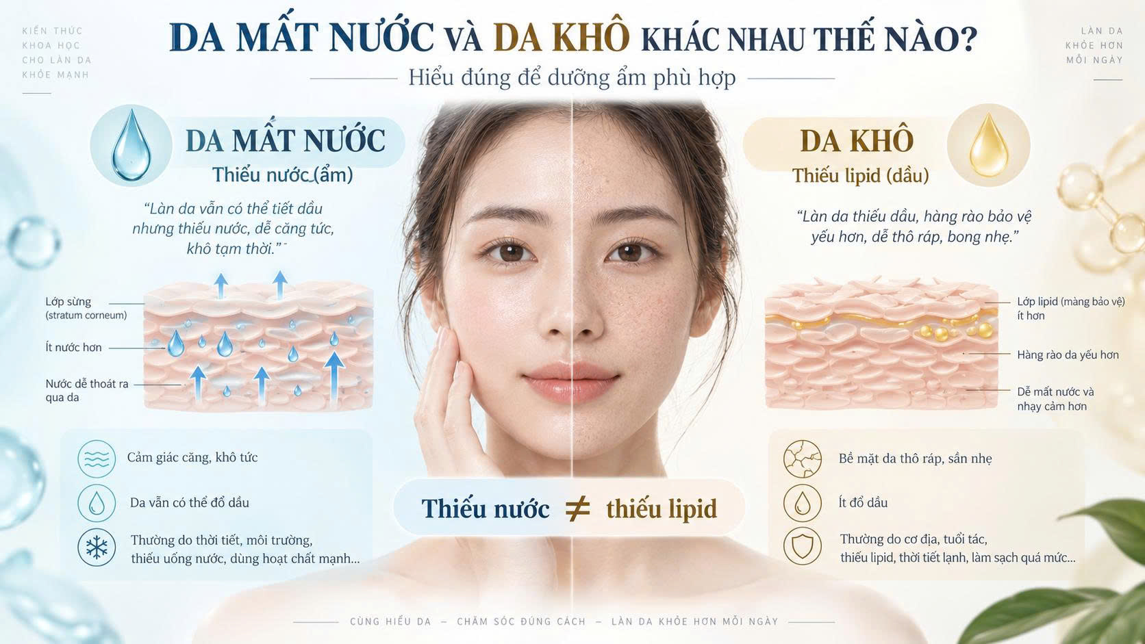 Da mất nước và da khô khác nhau thế nào, minh họa gương mặt chia hai vùng thiếu nước và thiếu lipid để giải thích cách dưỡng ẩm phù hợp