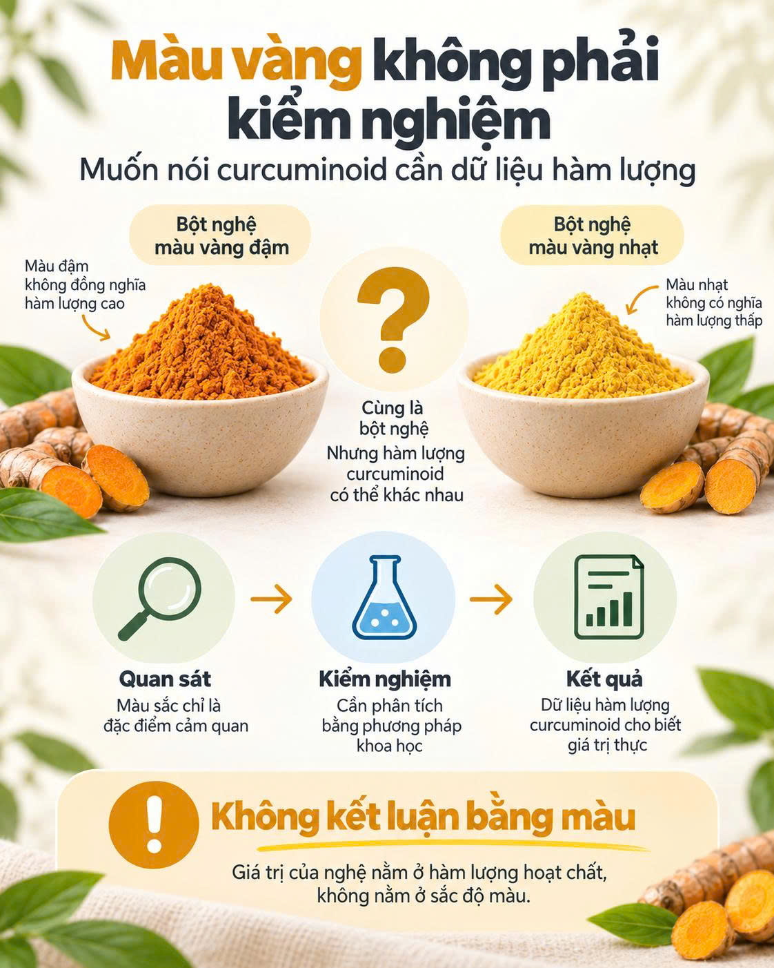 Màu vàng của bột nghệ không phải kiểm nghiệm hàm lượng curcuminoid