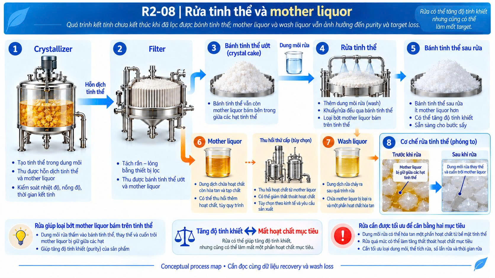 Sơ đồ lọc và rửa crystal cake Curcuminoids, tạo mother liquor và wash liquor, đồng thời minh họa khả năng thu hồi thứ cấp tùy quy trình.