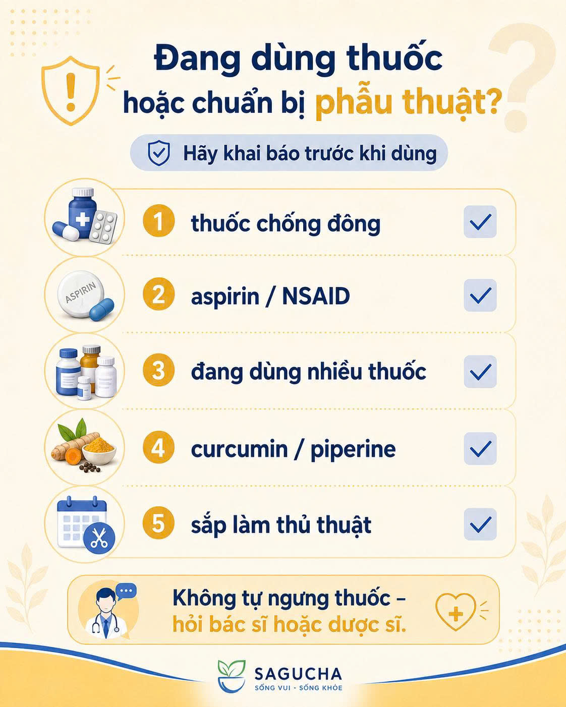 Đang dùng thuốc hoặc chuẩn bị phẫu thuật cần khai báo trước khi uống tinh bột nghệ curcumin hoặc sản phẩm có piperine