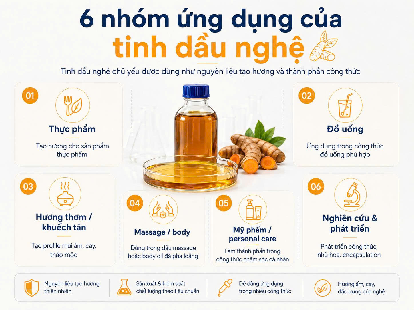 Infographic 6 nhóm ứng dụng của tinh dầu nghệ gồm thực phẩm, đồ uống, hương thơm khuếch tán, massage body, mỹ phẩm personal care và nghiên cứu phát triển.