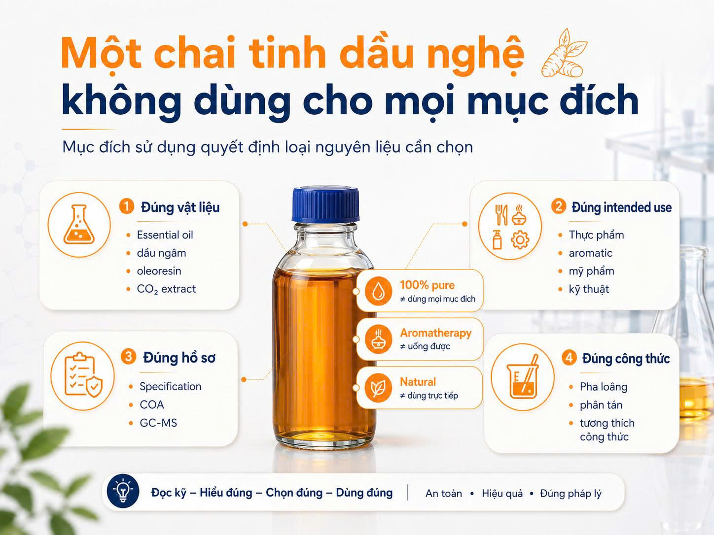 Infographic giải thích một chai tinh dầu nghệ không phù hợp cho mọi mục đích và cần kiểm tra đúng vật liệu, intended use, hồ sơ chất lượng và công thức.