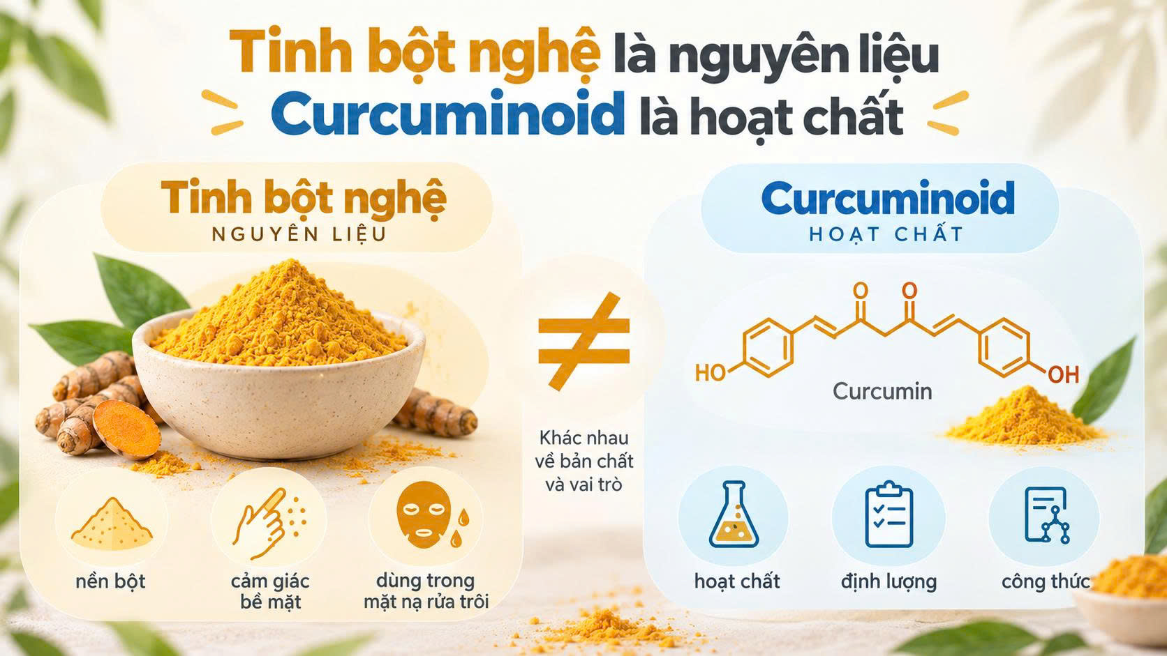 Tinh bột nghệ là nguyên liệu còn curcuminoid là hoạt chất trong mỹ phẩm