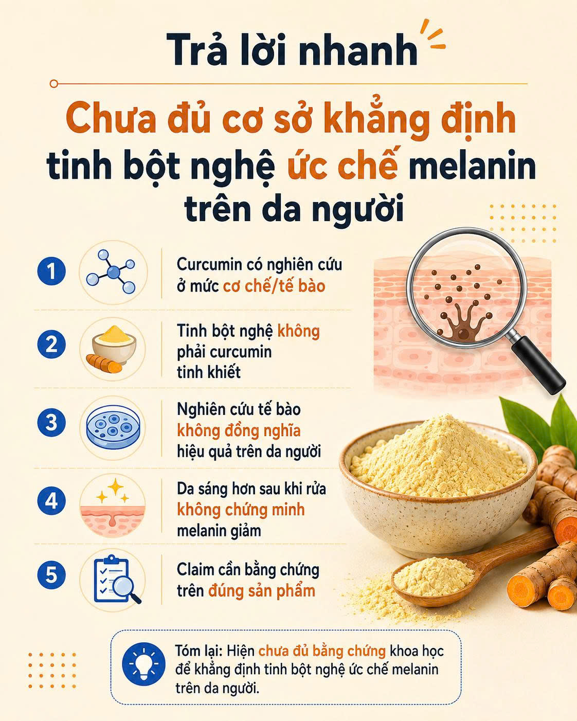 Trả lời nhanh tinh bột nghệ và melanin chưa đủ cơ sở khẳng định tinh bột nghệ ức chế melanin trên da người