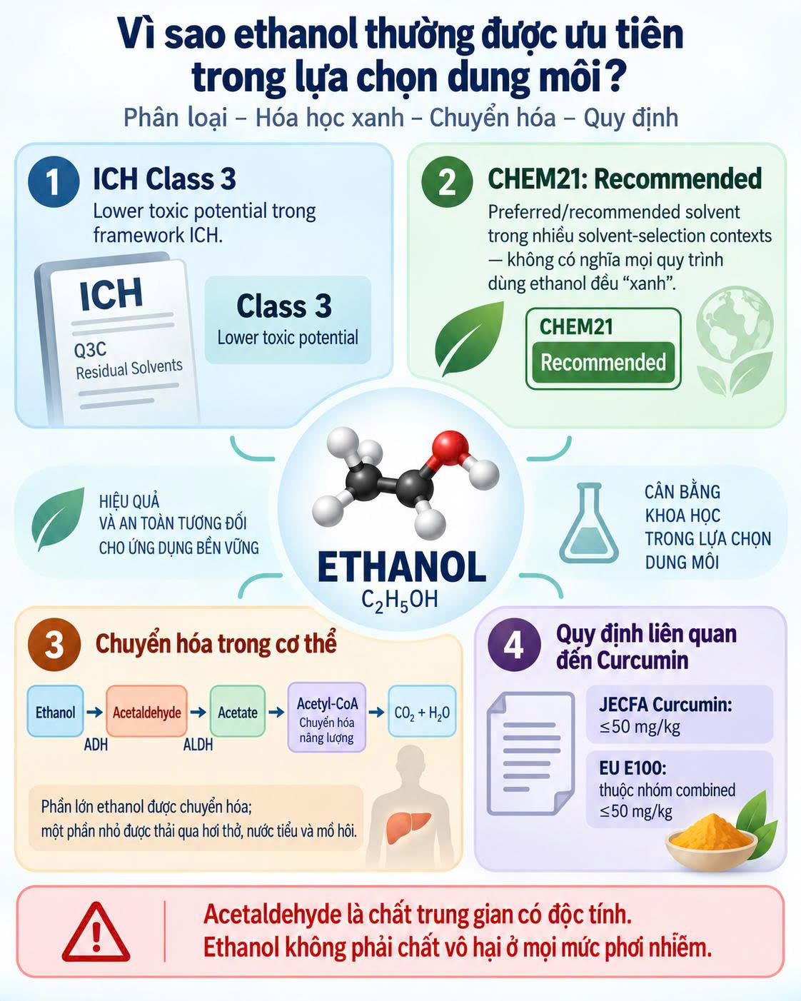 Infographic về ethanol trong lựa chọn dung môi, gồm ICH Class 3, CHEM21 Recommended, chuyển hóa ethanol qua acetaldehyde và các specification liên quan đến Curcumin của JECFA và EU E100.