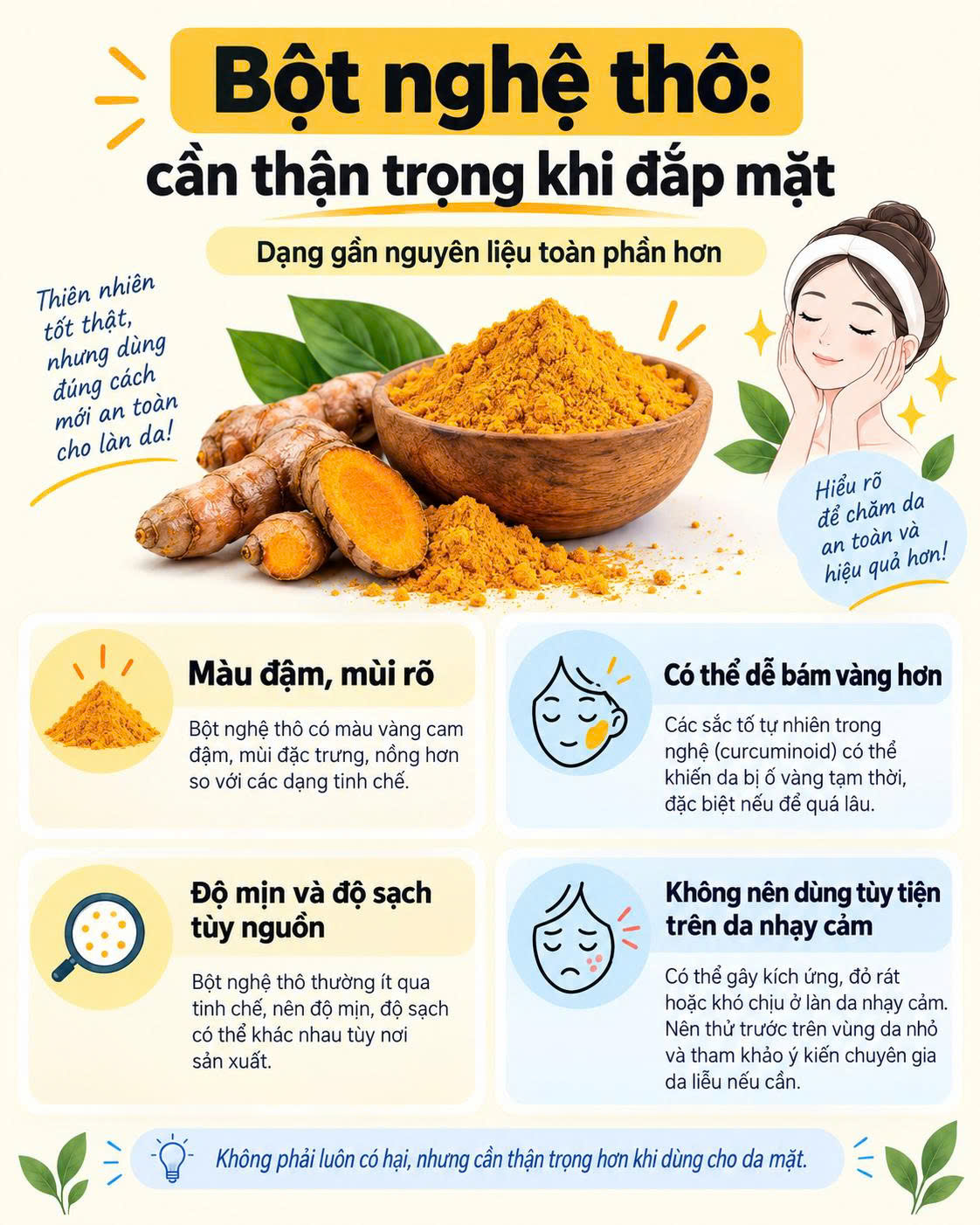 Bột nghệ thô cần thận trọng khi dùng cho da mặt vì có thể dễ bám vàng và nặng mùi hơn