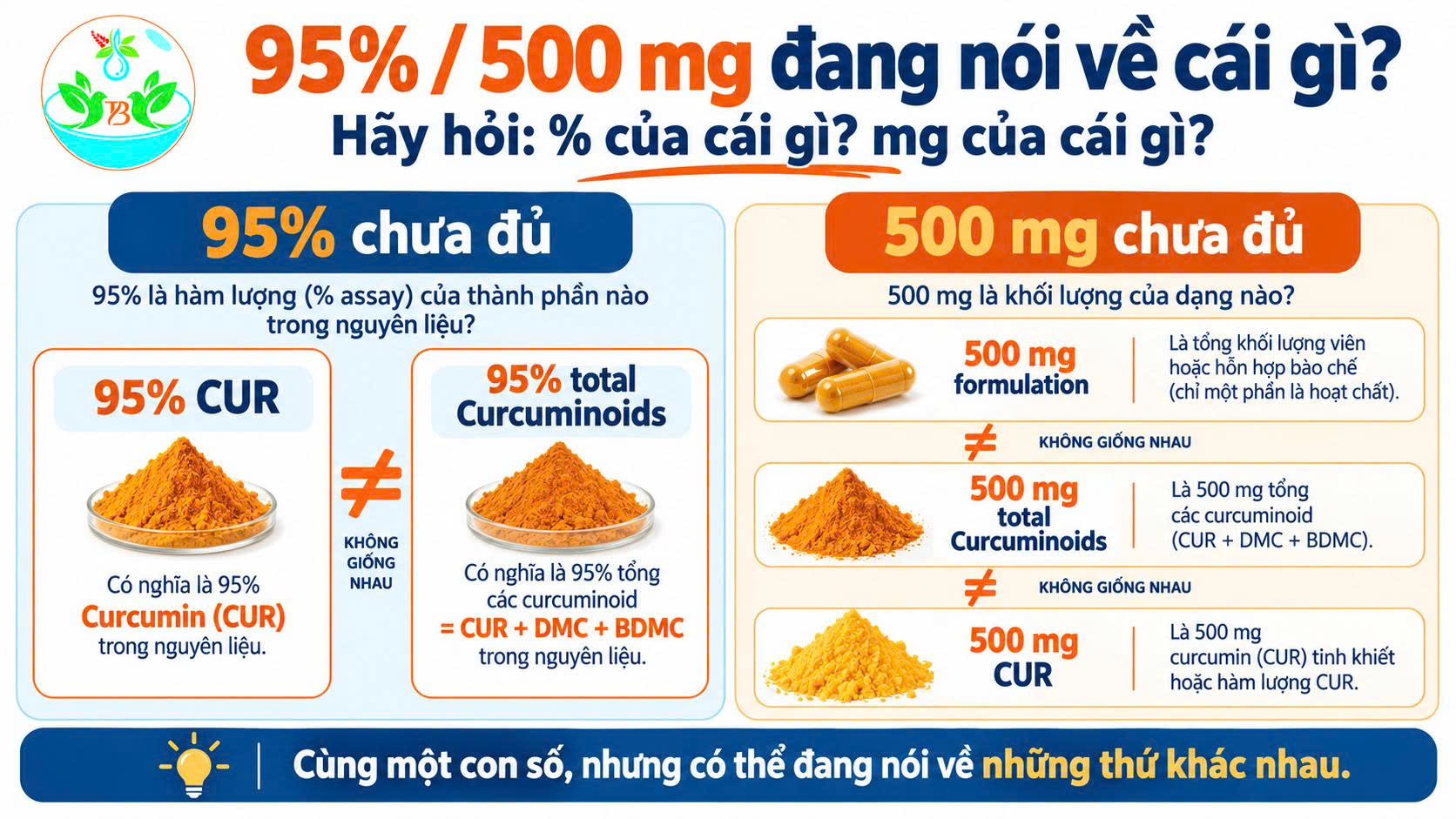 Infographic giải thích 95 phần trăm Curcumin khác 95 phần trăm Curcuminoids và 500 mg formulation khác 500 mg Curcumin