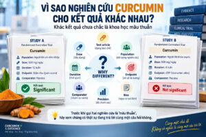 Hai nghiên cứu Curcumin có thể cho kết quả khác nhau do test article liều exposure population duration endpoint comparator và study quality khác nhau