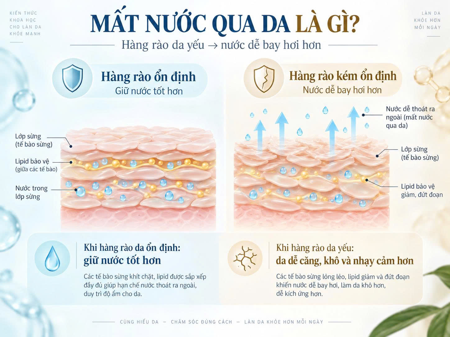 Sơ đồ mất nước qua da, minh họa hàng rào da ổn định giữ nước tốt hơn và hàng rào da yếu khiến nước dễ bay hơi làm da căng khô nhạy cảm