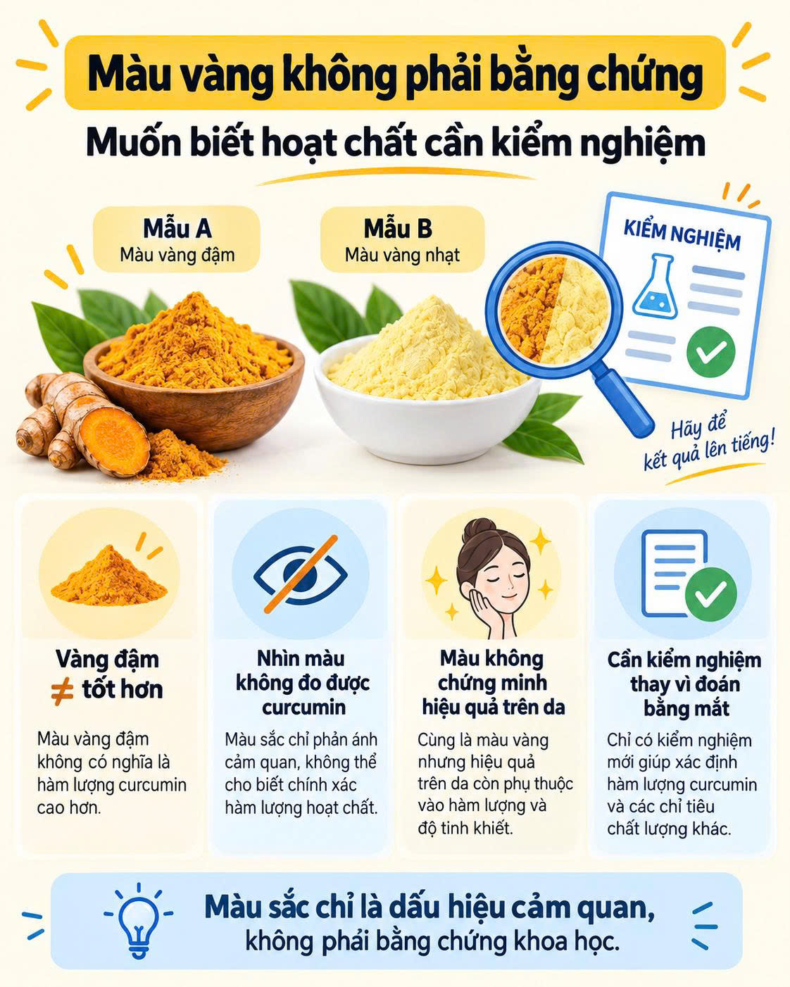 Màu vàng của bột nghệ hoặc tinh bột nghệ không phải bằng chứng về hàm lượng curcumin