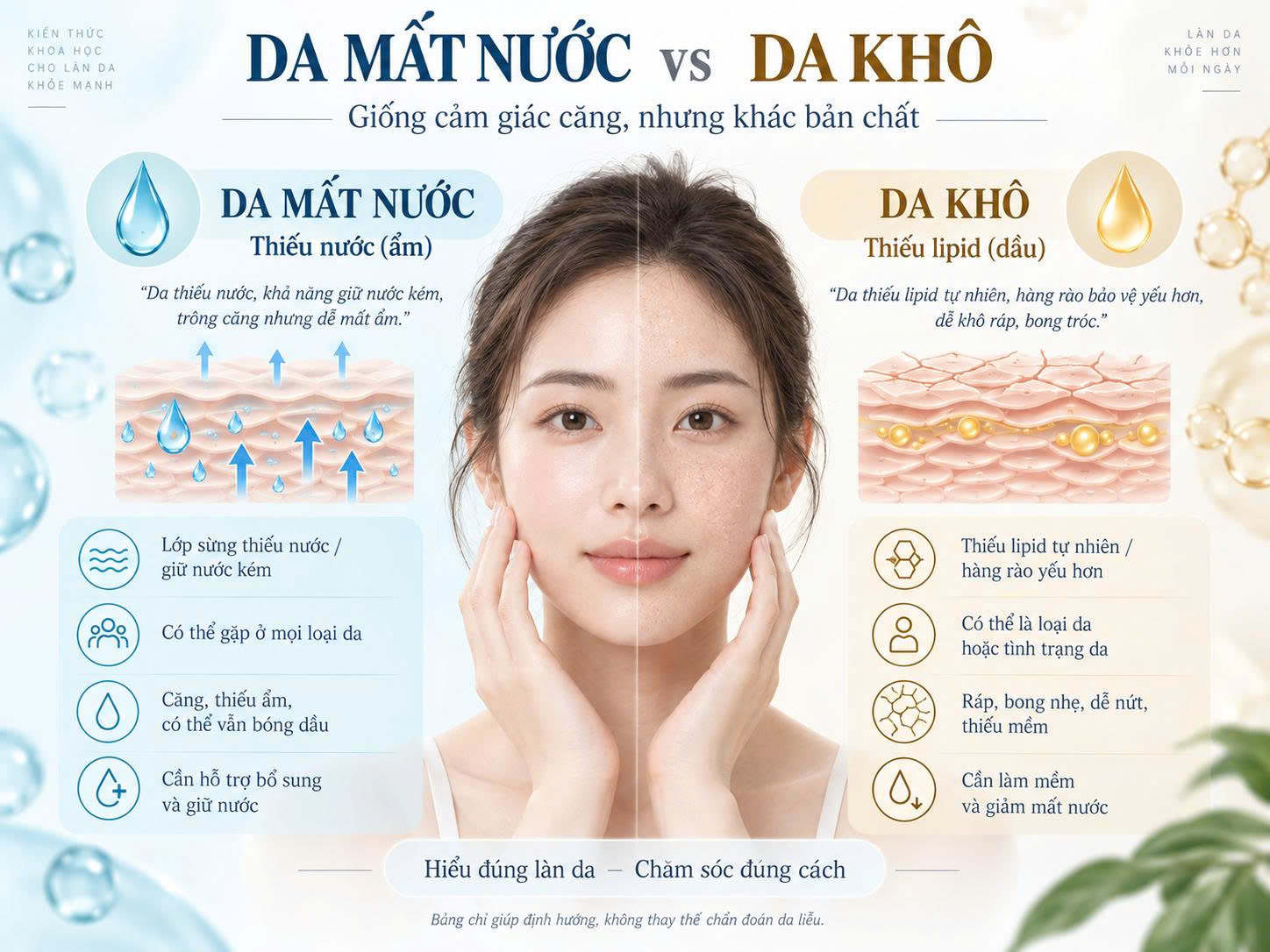 Bảng phân biệt da mất nước và da khô, giải thích da mất nước là thiếu nước ở lớp sừng còn da khô là thiếu lipid và hàng rào da yếu hơn