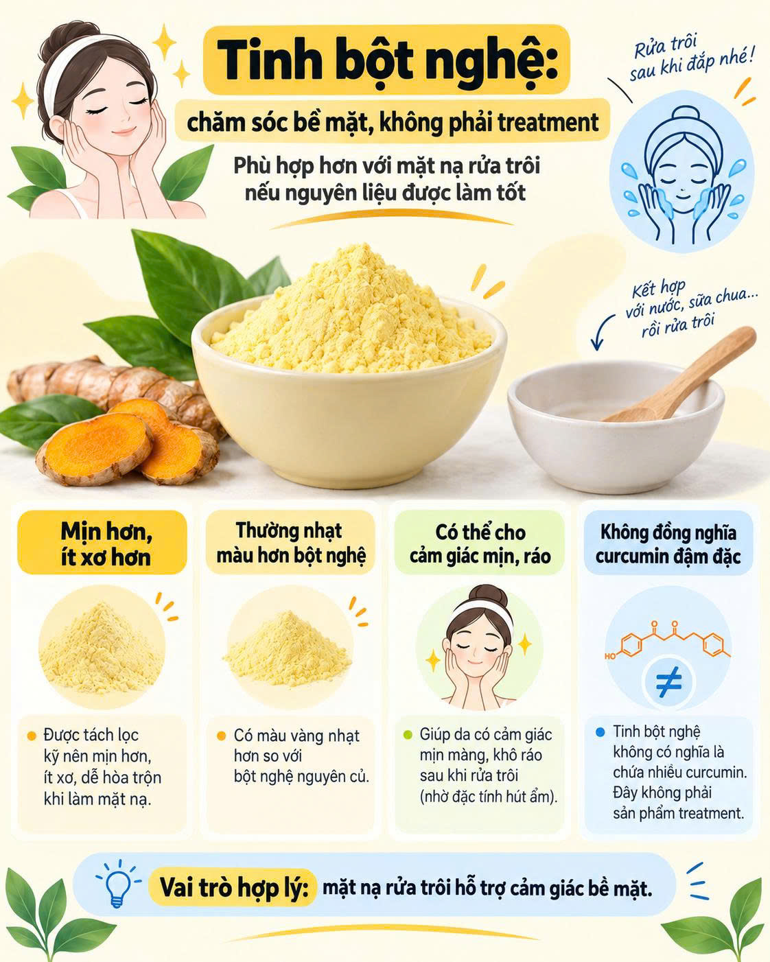 Tinh bột nghệ dùng như mặt nạ rửa trôi để chăm sóc bề mặt không phải treatment điều trị da