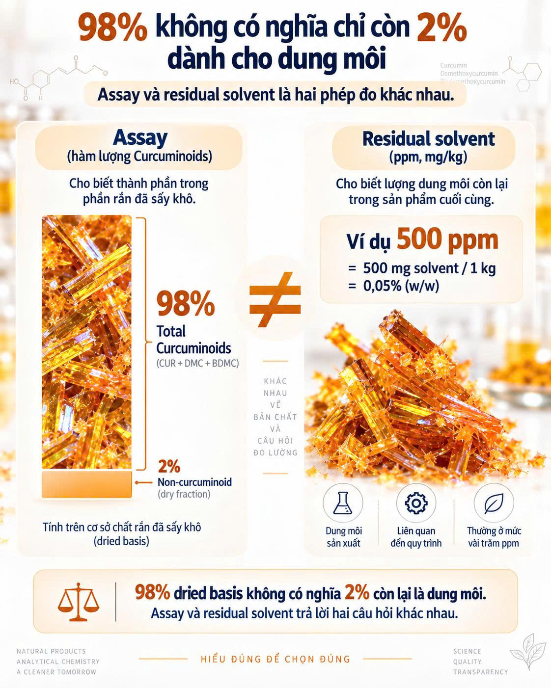 Đồ họa giải thích Total Curcuminoids 98% trên dried basis không có nghĩa 2% còn lại là dung môi; residual solvent được đo riêng bằng ppm hoặc mg/kg.