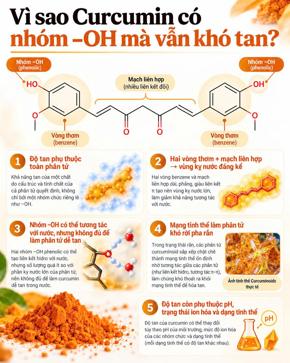 Sơ đồ cấu trúc phân tử Curcumin với hai vòng thơm và các nhóm chứa oxy, cạnh ảnh tinh thể Curcuminoids của Thanh Bình