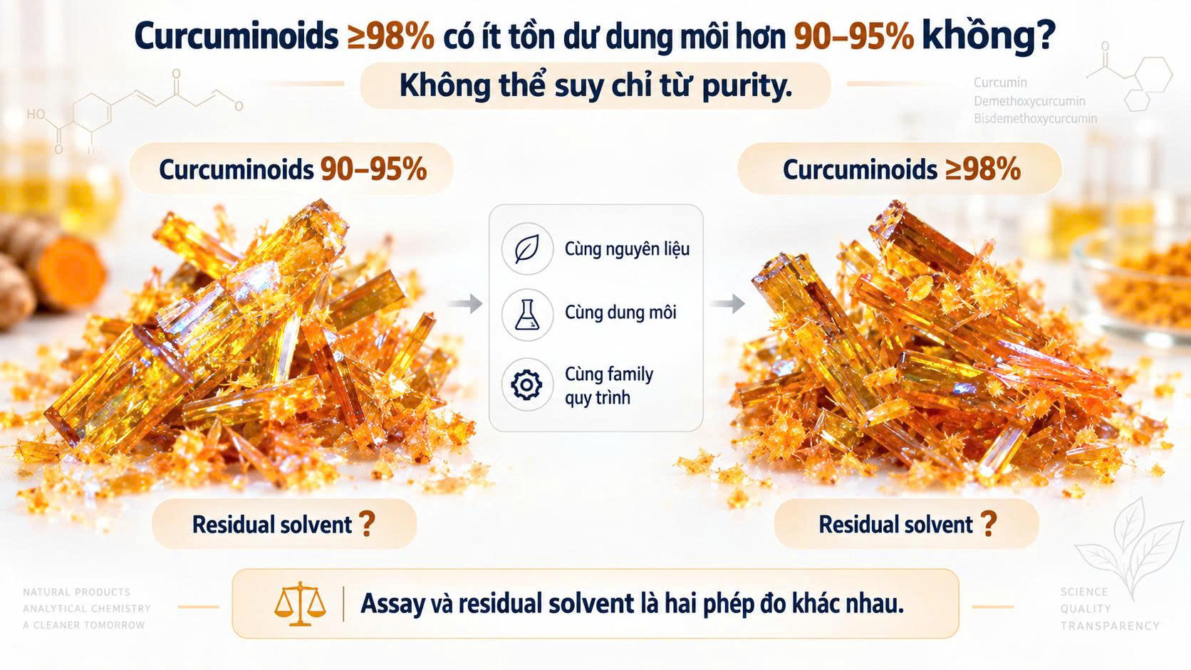 Đồ họa so sánh Curcuminoids 90–95% và ≥98% trong cùng nguyên liệu, dung môi và family quy trình, cho thấy không thể suy tồn dư dung môi chỉ từ purity.