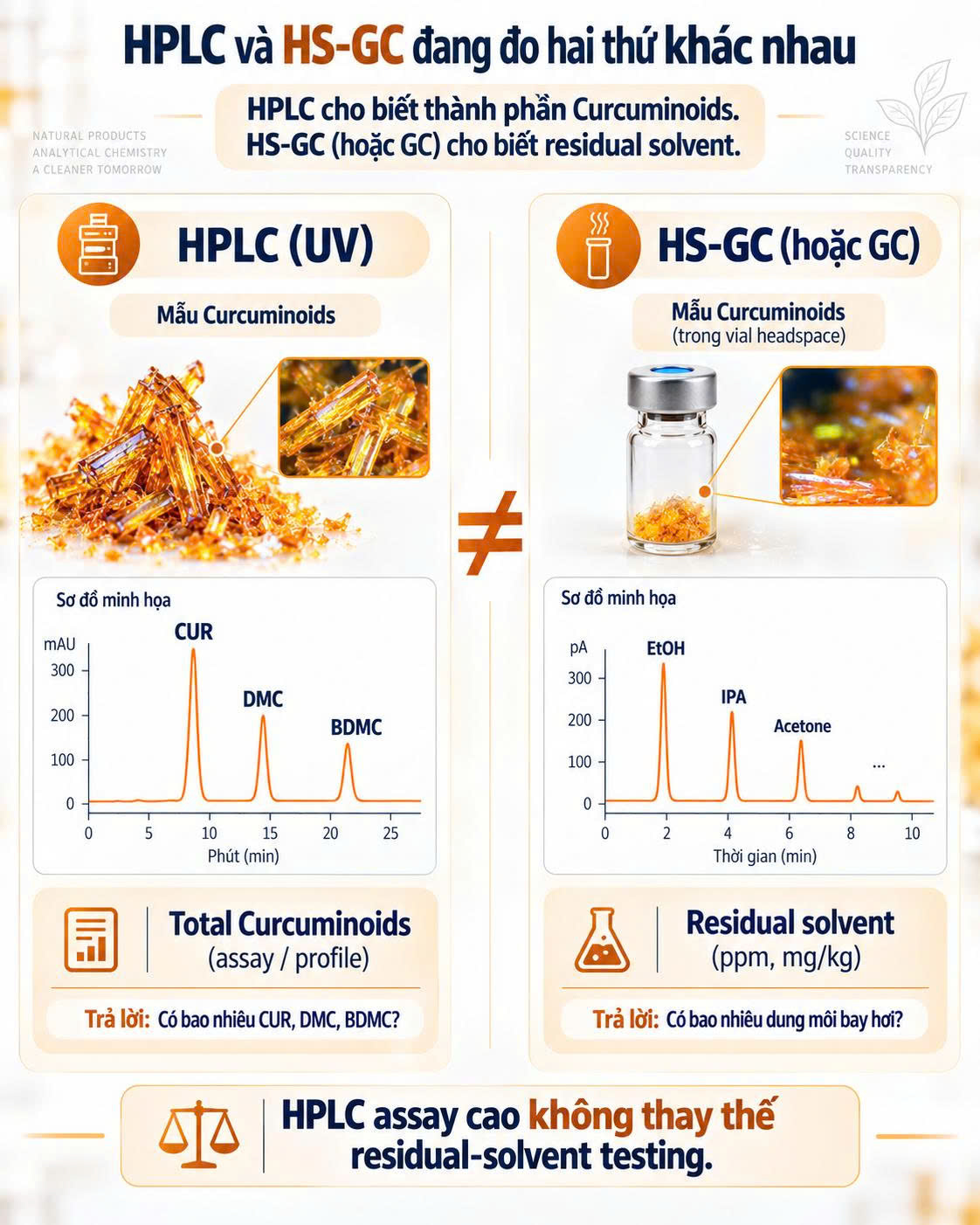 Sơ đồ so sánh HPLC định lượng CUR, DMC, BDMC với HS-GC phân tích dung môi bay hơi như ethanol, IPA và acetone trong Curcuminoids.