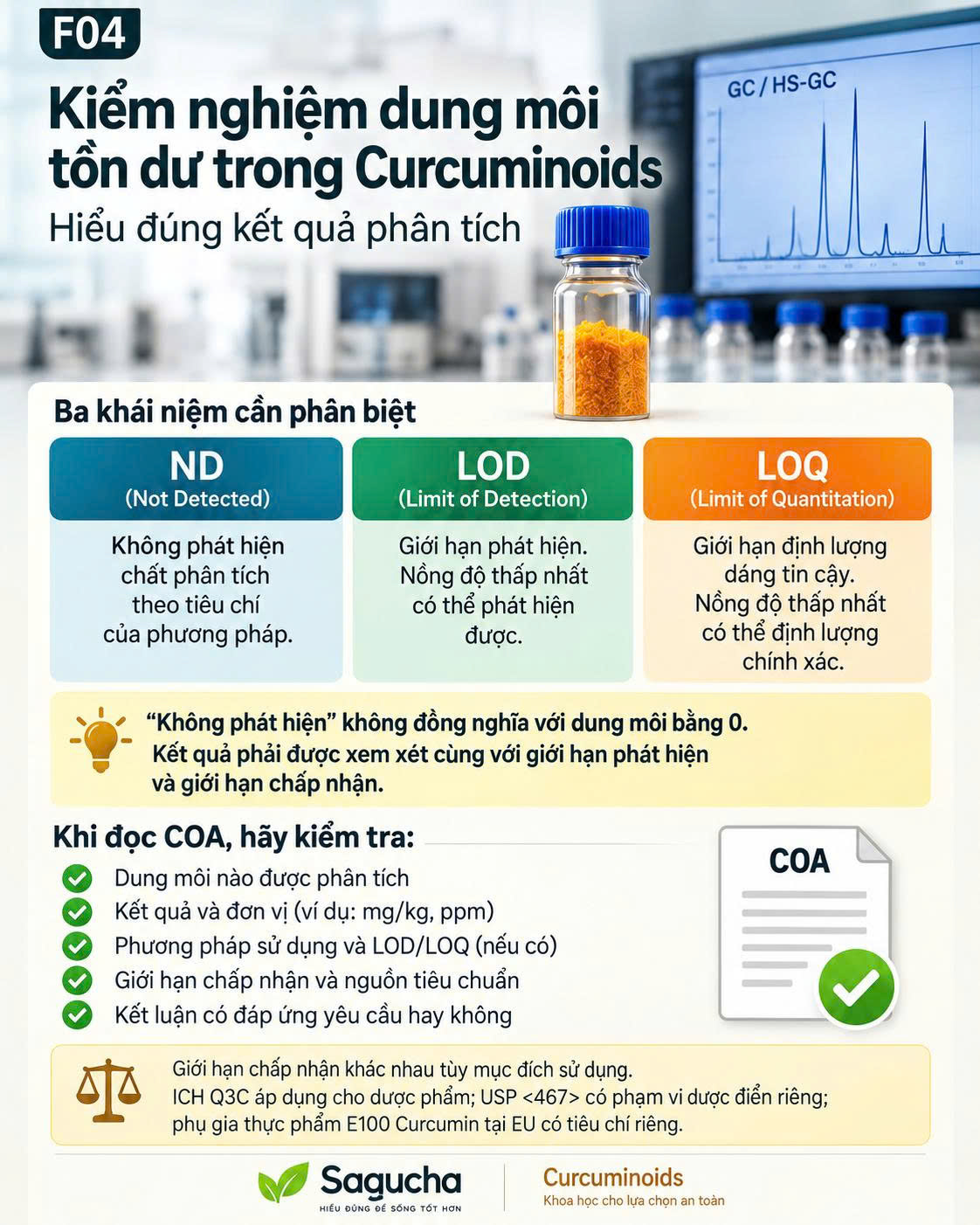 Infographic về kiểm nghiệm dung môi tồn dư trong Curcuminoids, giải thích ND, LOD, LOQ và lưu ý rằng không phát hiện dung môi không đồng nghĩa bằng 0.