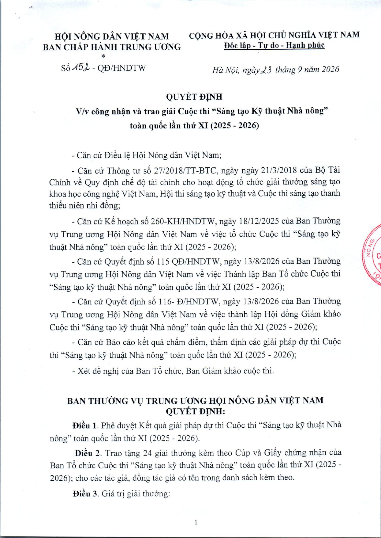 Quyết định số 152-QĐ/HNDTW ngày 23/9/2026 của Ban Thường vụ Trung ương Hội Nông dân Việt Nam.