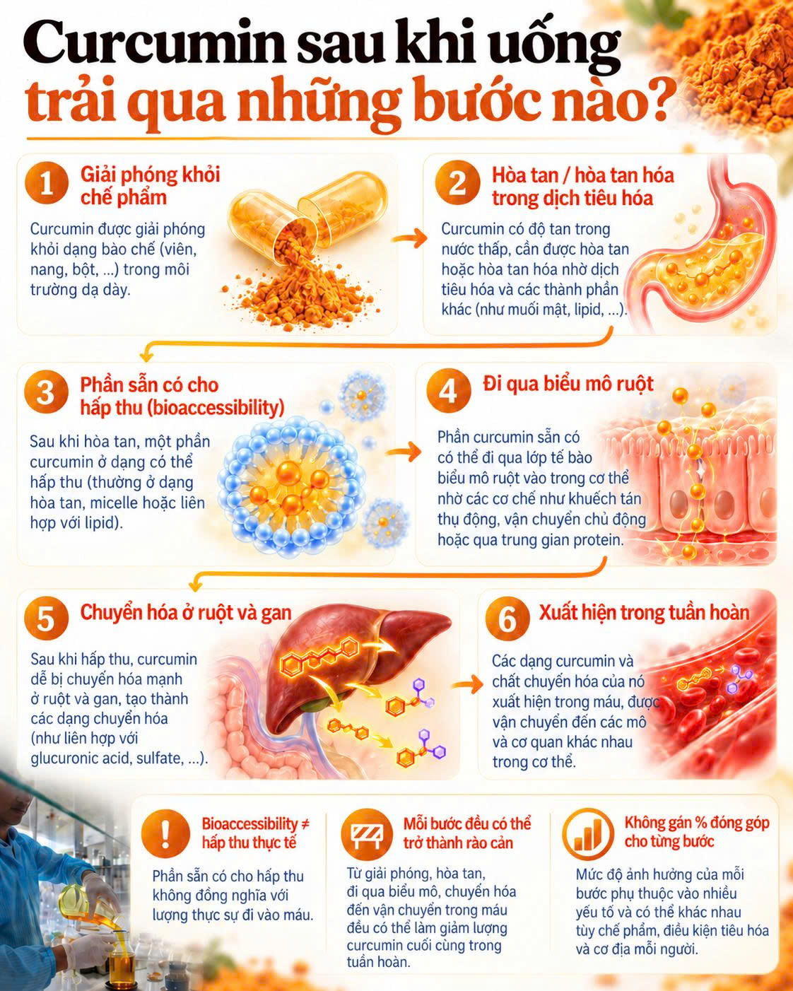 Sơ đồ sáu giai đoạn liên quan Curcumin sau uống từ giải phóng, hòa tan, sẵn có cho hấp thu tới biểu mô ruột, chuyển hóa và trong máu