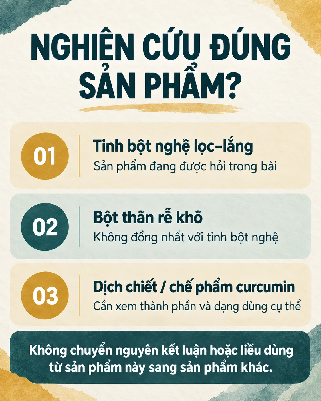 Sơ đồ phân biệt tinh bột nghệ lọc–lắng, bột thân rễ khô và dịch chiết hoặc chế phẩm curcumin khi đọc nghiên cứu.