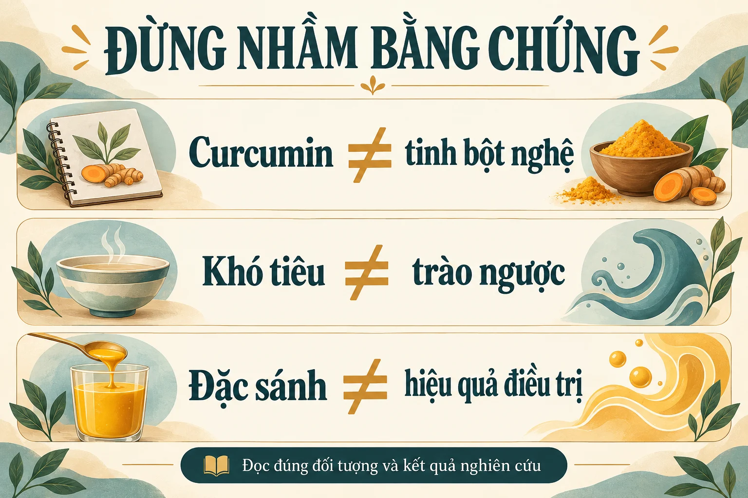 Curcumin khác tinh bột nghệ; khó tiêu khác trào ngược; đặc sánh không đồng nghĩa hiệu quả điều trị.