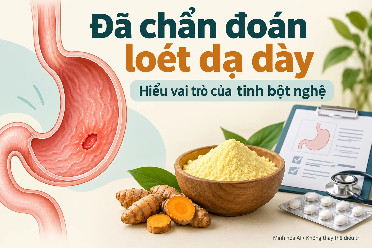 Minh họa loét dạ dày, tinh bột nghệ và hồ sơ điều trị.