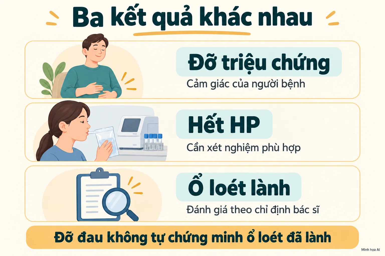 Đỡ triệu chứng, hết HP và ổ loét lành là ba kết quả khác nhau.