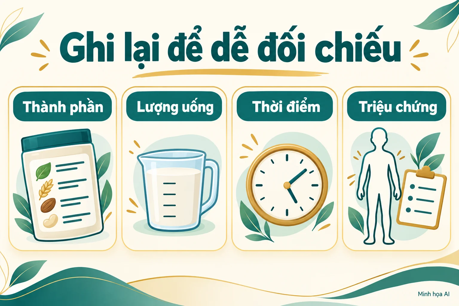 Bốn thông tin cần ghi: thành phần, lượng uống, thời điểm và triệu chứng