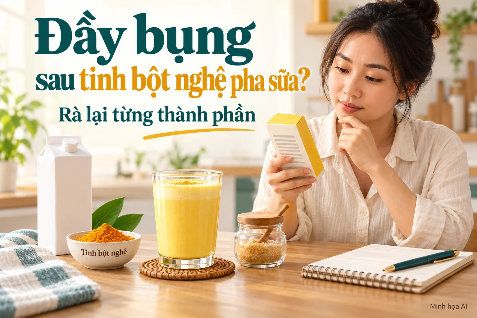 Ly tinh bột nghệ pha sữa với các nguyên liệu riêng và sổ ghi triệu chứng